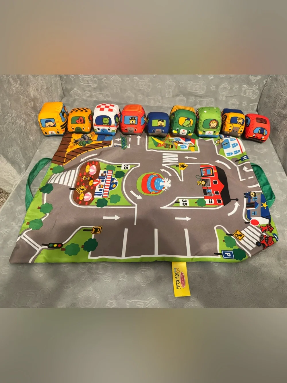 Melissa & Doug Gray and Green Road Play Mat with Plush Colorful Vehicles